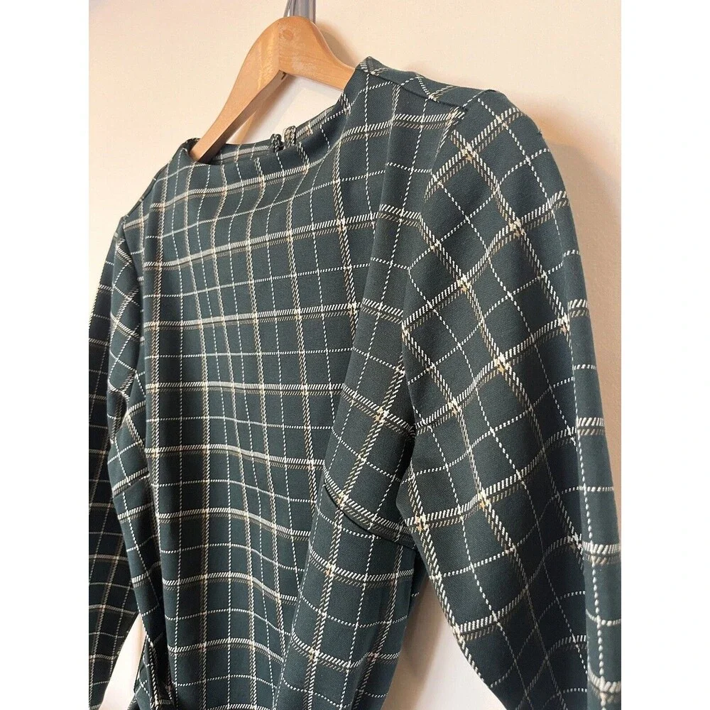 NWT Ann Taylor Factory Green Plaid Tie Front Blouse Size Small